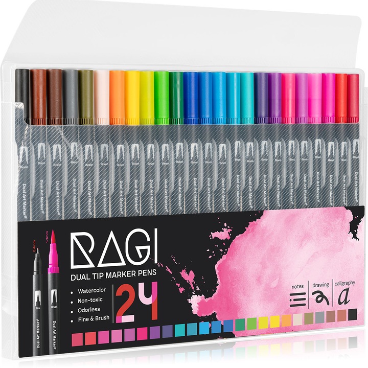 Set de 24 de carioci acuarela brush pen, RAGI, capete duble, cerneala pe baza de apa