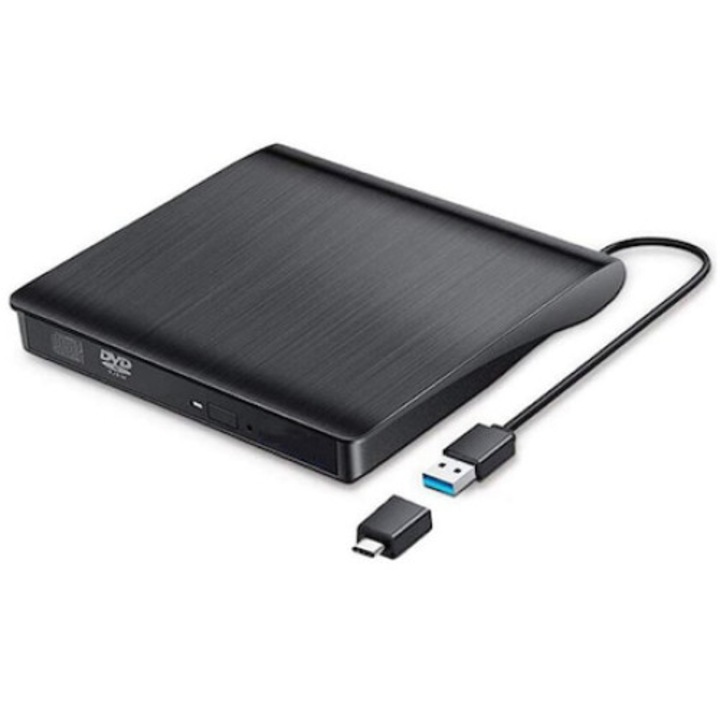 Külső CD/DVD optikai meghajtó, USB 3.0, Type-C, CD/DVD +/- RW, fekete