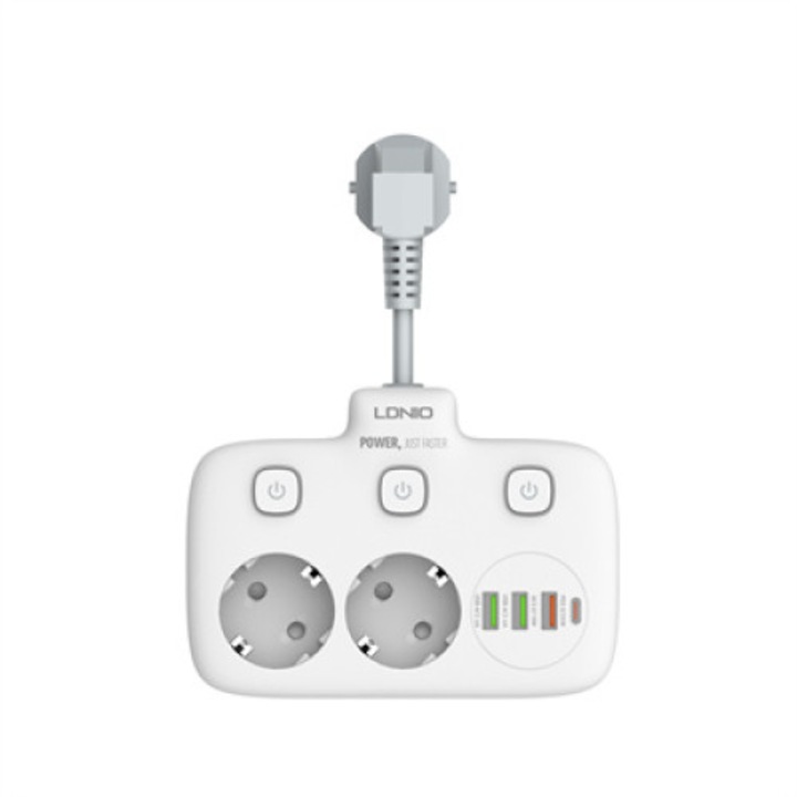 Elosztó LDNio SE2435 SS000196, 220V, Töltő, 2 aljzat és 3 USB + Type C, Kulccsal, Gyorstöltés, Rövid kábel, 2500W/20W