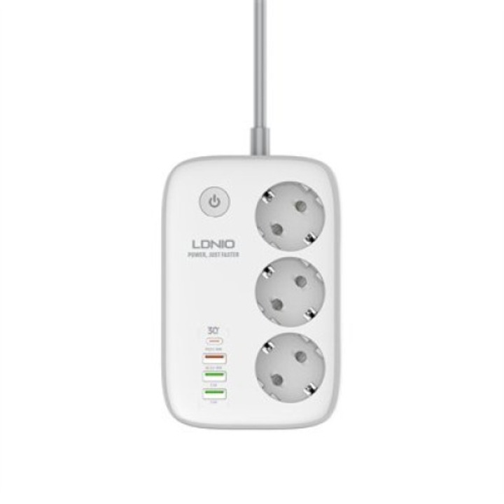 Elosztó LDNio SE3452, SS000197, 220V, Töltő, 3 aljzat és 3 USB + Type C, WiFi kulccsal, Gyorstöltés, 2m kábel 2500W/30W/, Áramütés elleni védelem