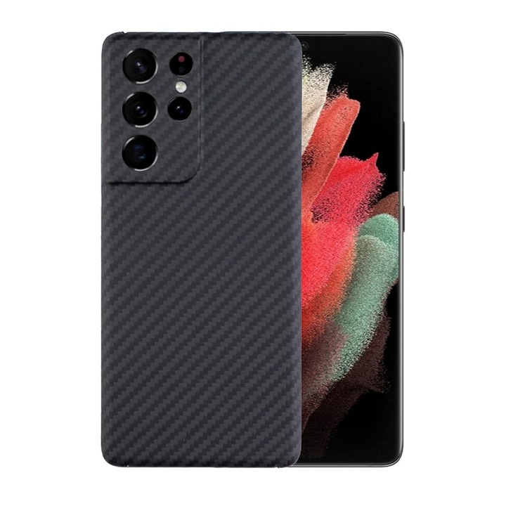 Husa protectie din Kevlar compatibila cu Samsung Galaxy S21 Ultra, din Fibra de Carbon, Aramida, ultra slim, ultra rezistenta, protectie camera, Negru, ISAG