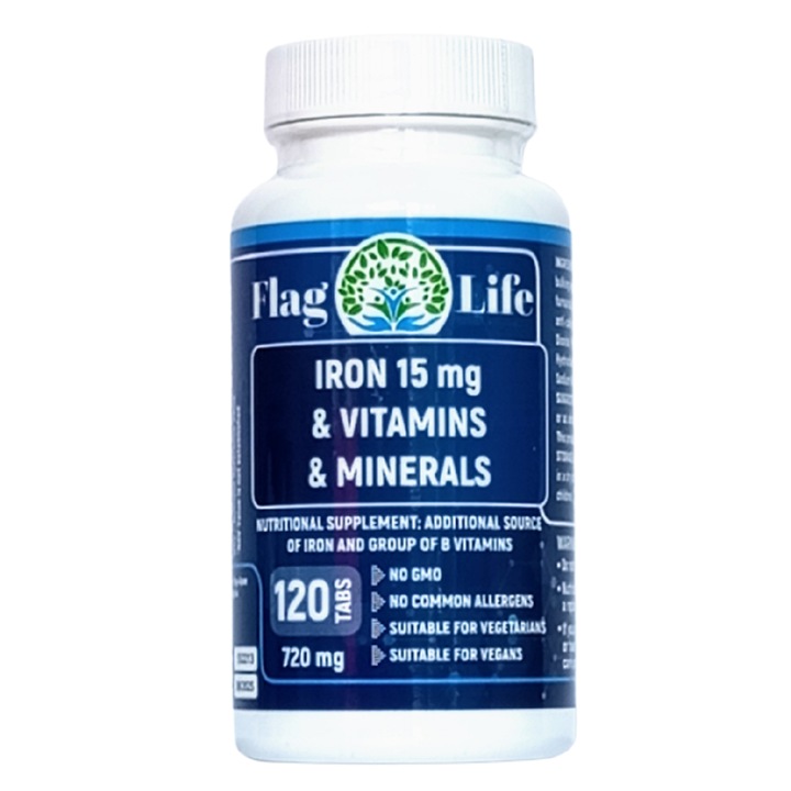 Supliment alimentar cu FIER 15 mg + VITAMINE + MINERALE, Flag Life, 720 mg, 120 comprimate