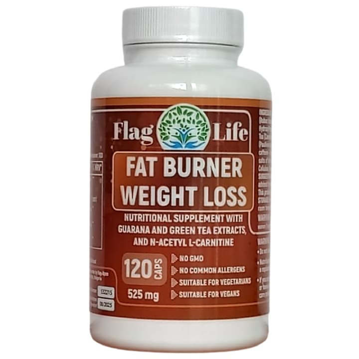 Supliment alimentar pentru slabit Fat Burner Flag Life, 525 mg, 120 capsule, cu extract de guarana si ceai verde, L-Carnitina si vitamine