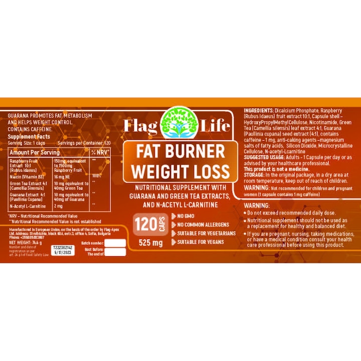 Supliment alimentar pentru slabit Fat Burner Flag Life, 525 mg, 120 capsule, cu extract de guarana si ceai verde, L-Carnitina si vitamine