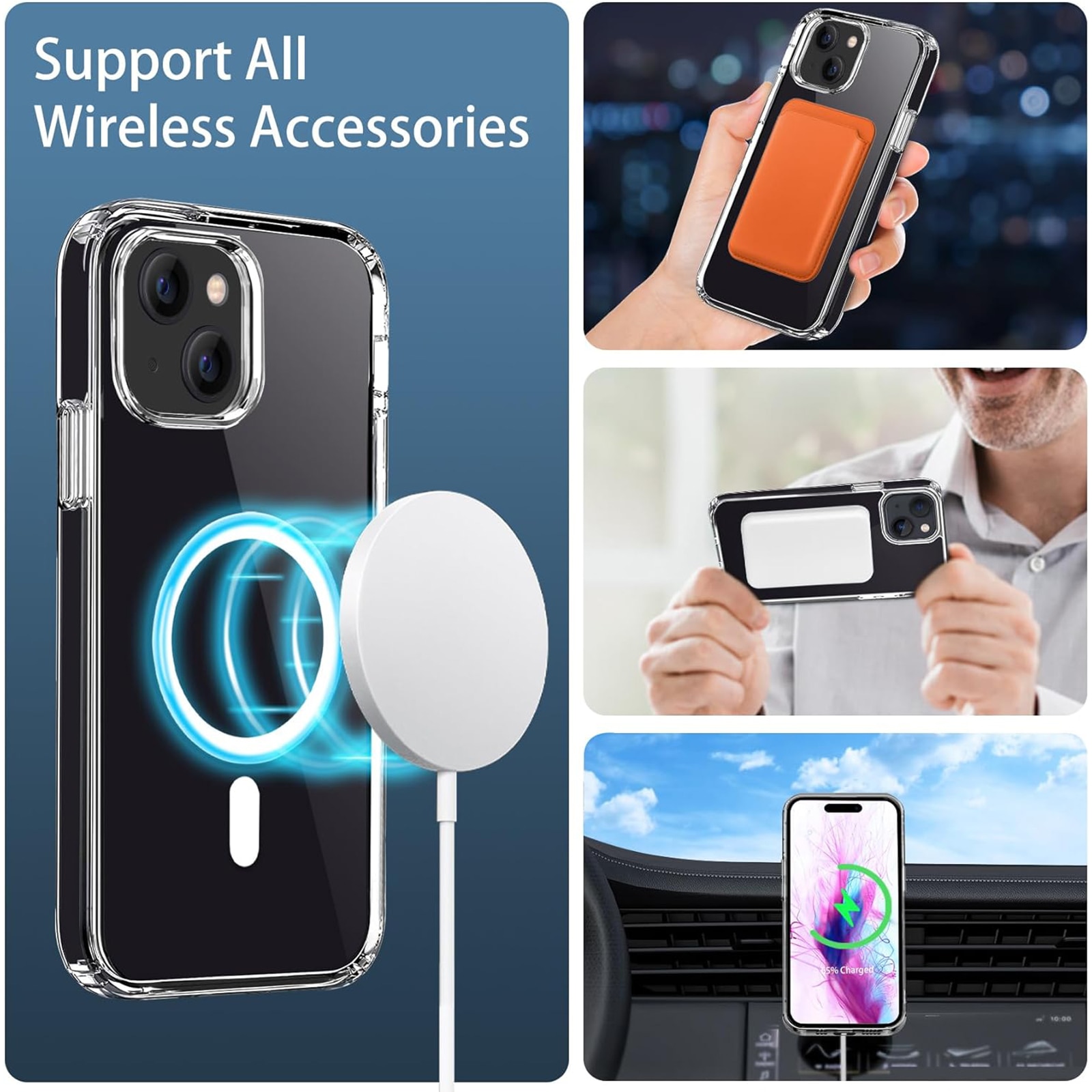 Husa magnetica pentru iPhone 15, NUODWELL, Suport pentru accesoriile MagSafe, Cu protectie pentru ecran si lentile, Anti-zgarieturi si anti-ingalbenire, TPU/Acrilic, Transparent