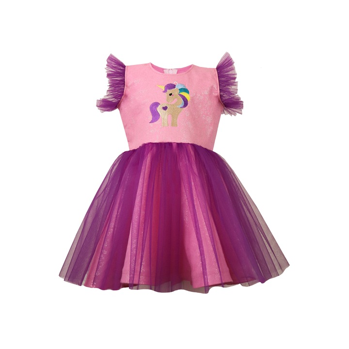 Rochie fete, roz/mov cu model Unicorn, Mov/Roz