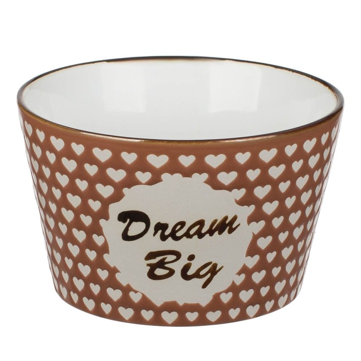 Bol servire din ceramica Shopiens®, cu model inimi reliefate si mesaj Dream Big, 560 ml