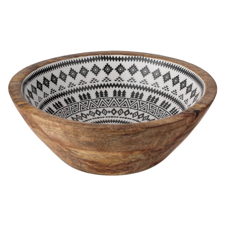 Bol din lemn Shopiens® cu exterior din lemn si interior emailat cu model aztec alb-negru, 20 x 8 cm