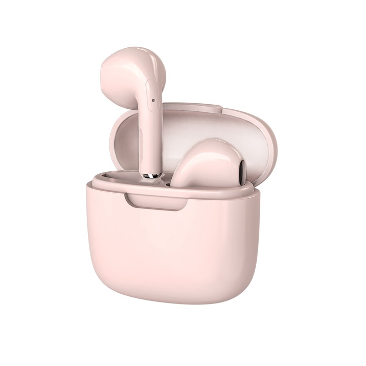 Casti Bluetooth fara fir, in ureche, universale, control tactil, Bluetooth 5.2, Type-C, 180mAh, roz
