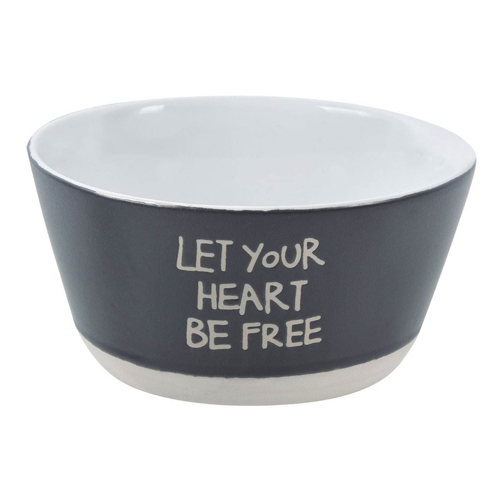 Bol servire din ceramica Shopiens®, gri cu inel ecru la baza si mesaj Let Your Heart Be Free, 425 ml