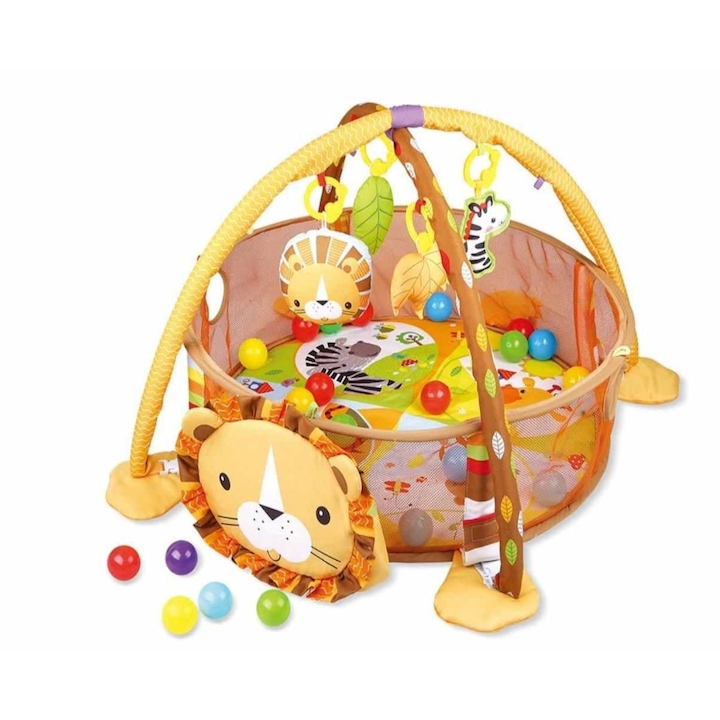 Centru de activitati 3 in 1 si saltea de joaca pentru copii si bebelusi cu 4 jucarii si 30 de bile multicolore, Model Leu, portocaliu