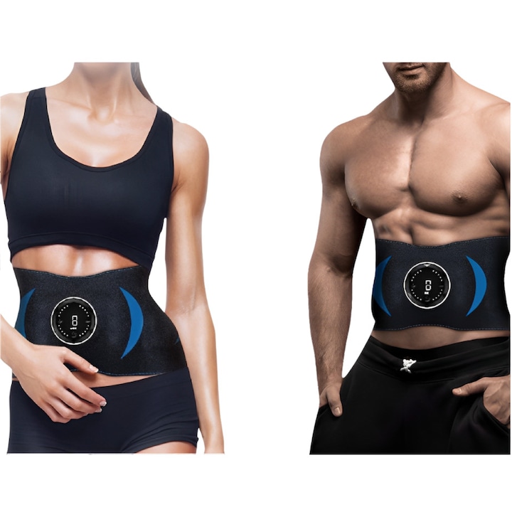 Centura pentru Muschi Abdominali INTEXXA®, pentru Antrenament Suplimentar, Slabit si Tonifiere, Electrostimulare EMS, 8 programe, Negru