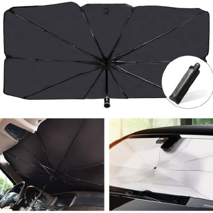 Parasolar Auto tip Umbrela Zenino - Pliabil, Protectie UV, Protejeaza Interiorul Masinii, Acoperire Extinsa, 130x75 cm, Gri/Negru