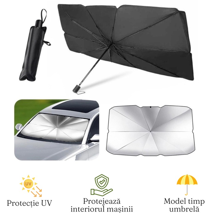 Parasolar Auto tip Umbrela Zenino - Pliabil, Protectie UV, Protejeaza Interiorul Masinii, Acoperire Extinsa, 130x75 cm, Gri/Negru