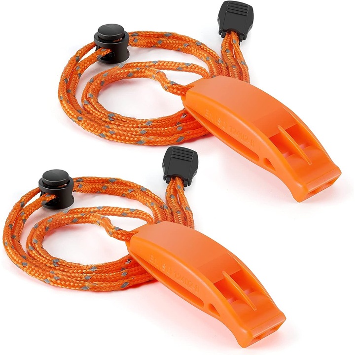 Комплект от 2 оранжеви пластмасови свирки, Cafuneplus®, с връв