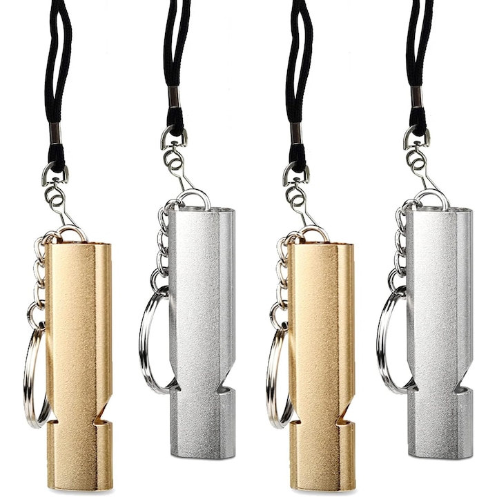 Set 4 fluiere antrenor, Cafuneplus®, din aluminiu cu inel pentru chei, General Store, Argintiu/Auriu