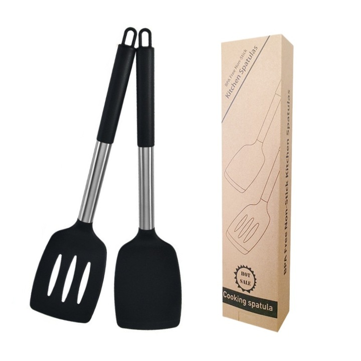 Set 2 spatule bucatarie, silicon, termorezistent, maner ergonomic, Negru