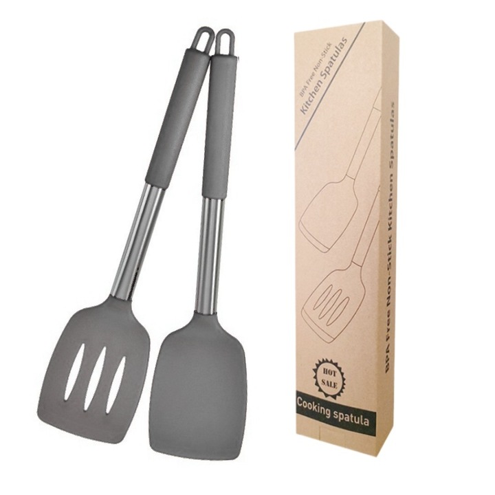 Set 2 spatule bucatarie, silicon, termorezistent, maner ergonomic, Gri