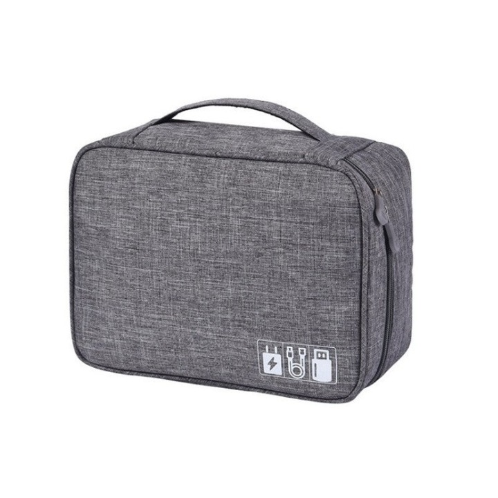 Utazási elektronikus kiegészítők Szervezőtáska, Vízálló, Vízálló, Utazás, Kábeltároló, Merevlemez, SSD, Adapterek, Egér, Fejhallgató, Külső akkumulátor, Cipzáras zárás, Állítható elválasztók, Szállítófogantyú, 24.5 x 18.5 cm, Szürke