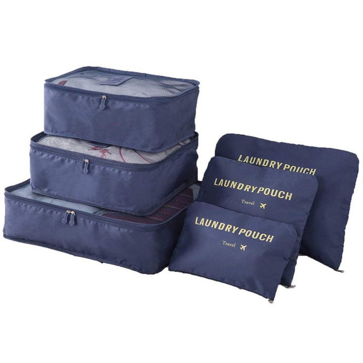 Set 6 Huse/Genti Organizatoare pentru Bagaj/Voiaj, Albastru Inchis, Albastru