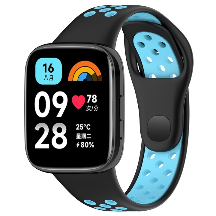 Силиконова каишка за смарт часовник, съвместима с Redmi Watch 3 Active, черна със синьо