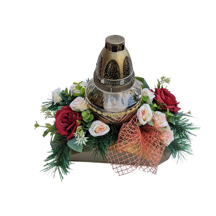 Aranjament floral funerar cu flori artificiale trandafiri si candela din sticla, Dady, dimensiuni 30x15x28 cm