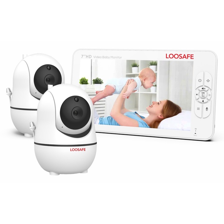 Бебефон WIFI Loosafe® SM70 Double Pro PTZ, 7 инча HD, видео/аудио, нощно виждане, моторизирано въртене, двупосочна комуникация, температура, песни, 2X увеличение, наблюдение на бебето, бял