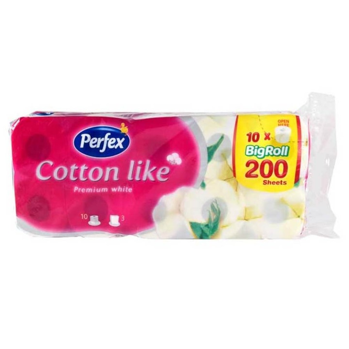 Perfex Cotton Like WC-papír, 3 rétegű, 200 lap, 10 tekercs/Bax