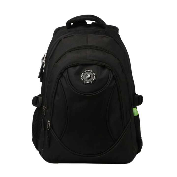 Ghiozdan Scolar Ecada, Dimensiuni 46x32x18 cm, Bretele cu Burete Reglabile si Trei Fermoare, Material Poliester, Culoare Negru