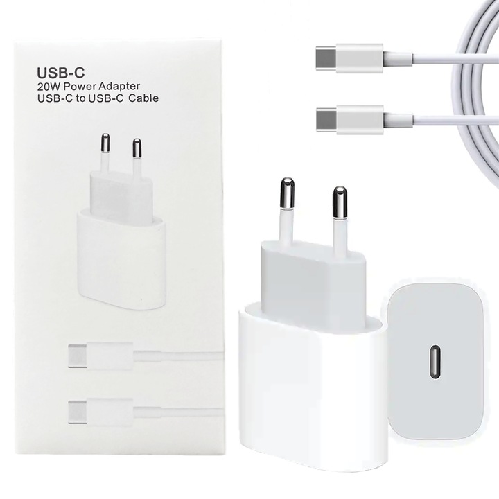 Комплект за iPhone, 20 W, Адаптер за бързо зареждане, 1м USB-C -> USB-C кабел за данни, Съвместимо с Apple iPhone 15 / 15 Pro / 15 Pro Max, Бял