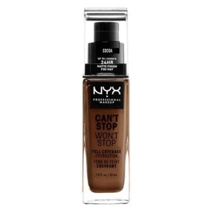 Transzferálló folyékony alapozó, NYX Professional Makeup CAN'T STOP WON'T STOP, kakaós, 30 ml