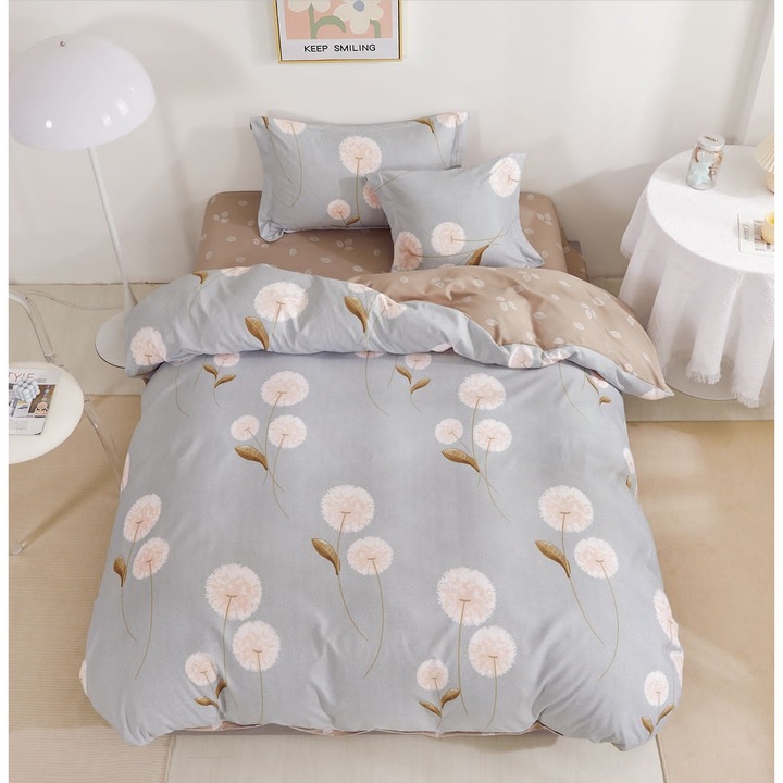 Комплект спално бельо, 4 части, Единично легло, Finet, Чаршаф с ластик 140x200 см, Плик за завивка 155x200 см, 2 калъфки за възглавници 55x75 см и 50x50 см, Кафяво/Синьо, Глухарчета, Fresh Home134