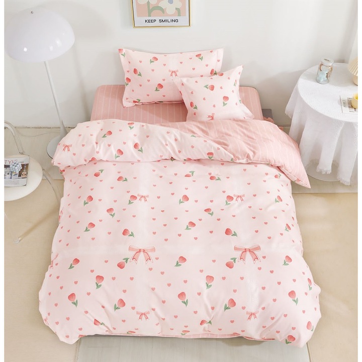 Спален комплект, 4 части, Единично легло, Finet, Чаршаф с ластик 140x200 см, Плик за завивка 155x200 см, 2 калъфки за възглавници 55x75 см и 50x50 см, Светло розово, Лалета, Fresh Home142