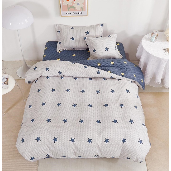 Комплект спално бельо, 4 части, Единично легло, Finet, Чаршаф с ластик 140x200 см, Плик за завивка 155x200 см, 2 калъфки за възглавници 55x75 см и 50x50 см, Светло синьо/Тъмно синьо, Fresh Home143