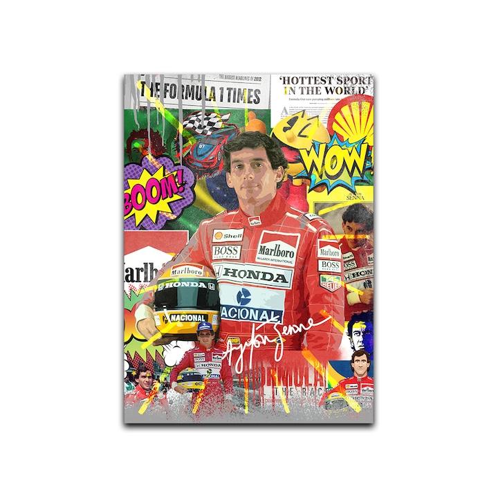 Картина на платно, LuxCanva® A1022, Първокласна, Ayrton Senna, 35 X 50 CM, 100% памучно платно 400g/m2, дървена рамка, декоративна, състезателен пилот, Формула 1, шампион, живи цветове