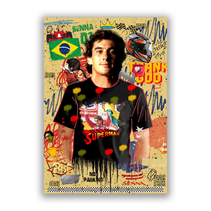 Картина на платно LuxCanva A1023, Ayrton Senna, 35 x 50 CM, 100% памучно платно 400g/m2, дървена рамка, декоративен, състезателен пилот, Формула 1, шампион, живи цветове
