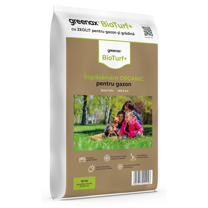 Ingrasamant organic pentru gazon Greenax BioTurf+, 10 kg, acoperire 200-350 mp2, fier, acizi humici, acizi fulvici, alge marine