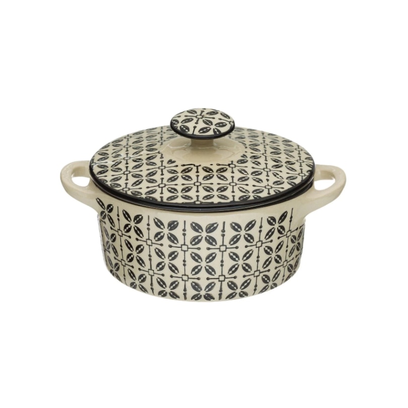Dekoraifu Bol de ceramică imprimat bej negru, 700 ml, cu capac