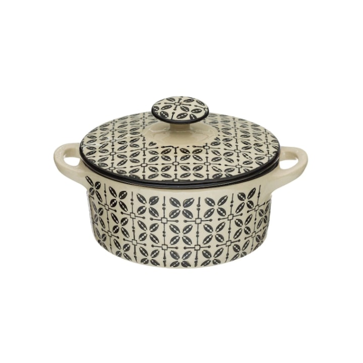 Kerámia leveses tál, bézs, fekete mintával és fedővel, 700 ml