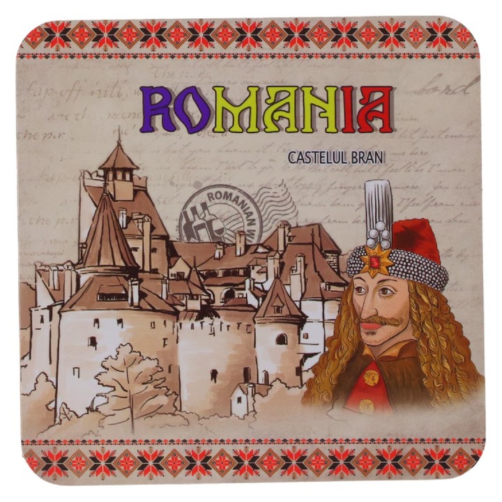 Комплект от 6 части, Поставка за чаша, Замък Бран, Румъния, Квадрати, NO836, 9,5 см, Многоцветни