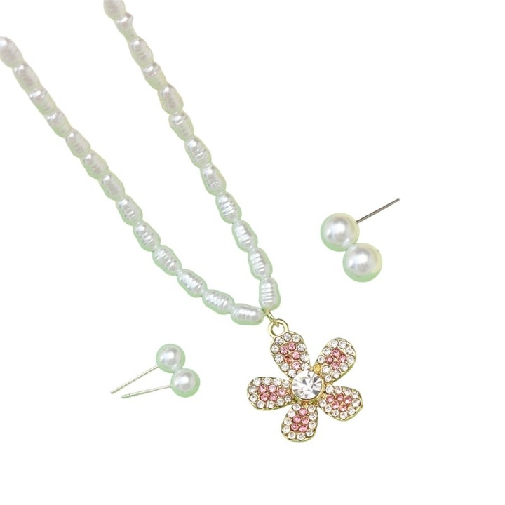 Set colier si 2 perechi cercei, auriu, cu perle si pietre, Levy C15, Pursehuit