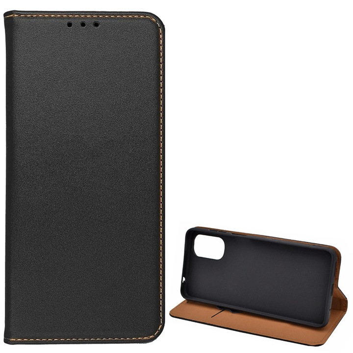 Gigapack mobiltelefon tok álló, valódi bőr, flip, oldalra nyíló, asztali tartó, fekete, kompatibilis: Motorola Moto E32, XT2227, / Moto E32s, XT2229, / Moto G22, XT2231