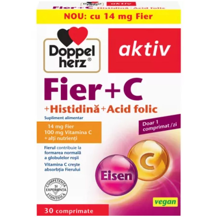 Doppelherz Aktiv Fier+Vit.C+Histidina+Acid Folic, 30 comprimate