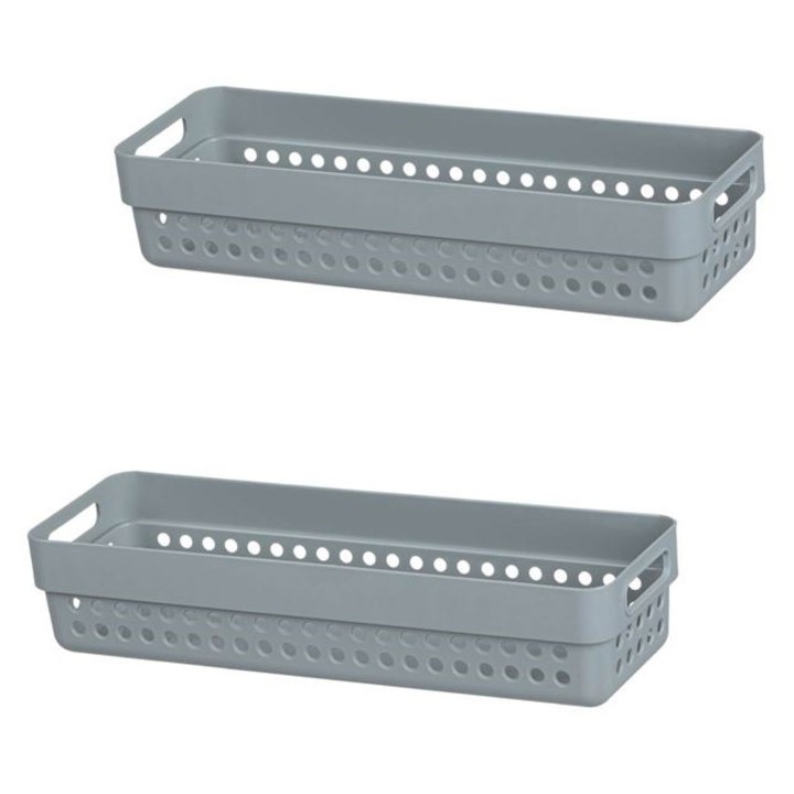 Set 2 cosuri de depozitare din plastic perforat cu manere, gri, 2 x 0.75 litri, 24x8x5cm