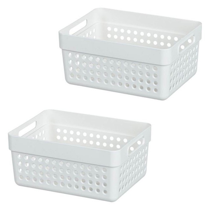 Set 2 cosuri de depozitare din plastic perforat cu manere, alb, 2 x 1,25 litri, 15x12x8cm