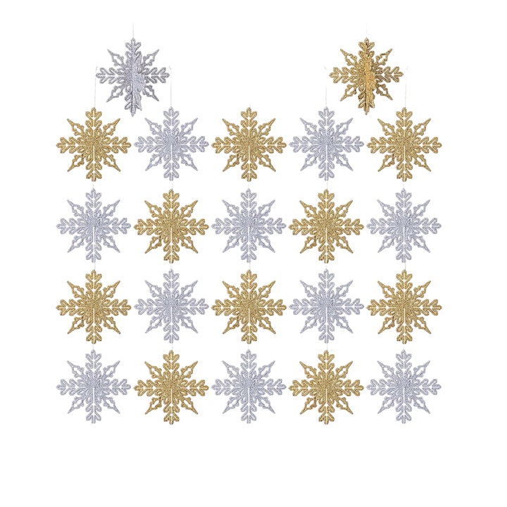 Set 24 decoratiuni brad de Craciun, fulg de nea, 3D, cu slipici, Argintiu/Auriu