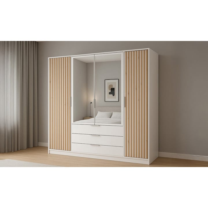 Dulap Bali Lux 4 Usi D4 Alb cu Riflaj si Oglinda