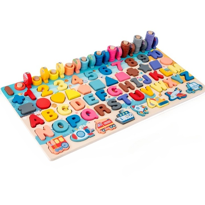 Joc lemn 5 in 1 Montessori cu logaritmic cu stivuire piese, litere, cifre, forme geometrice si pescuit magnetic