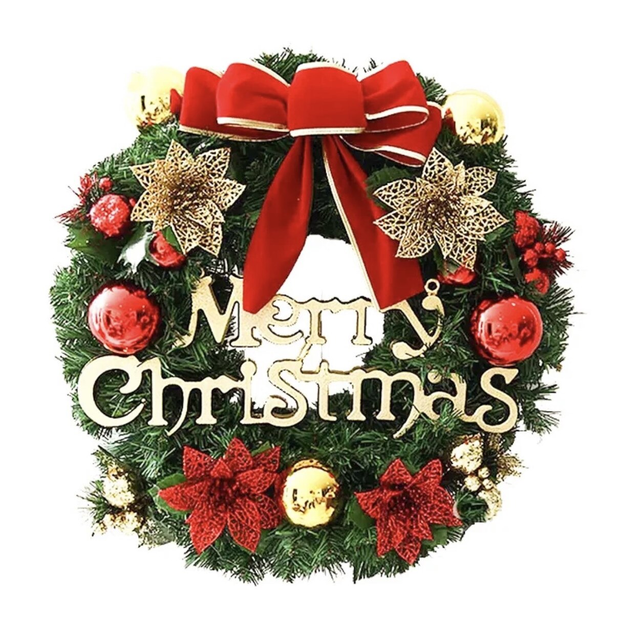 Коледен венец Merry Christmas, От изкуствена ела, Топки, Панделка, За ...