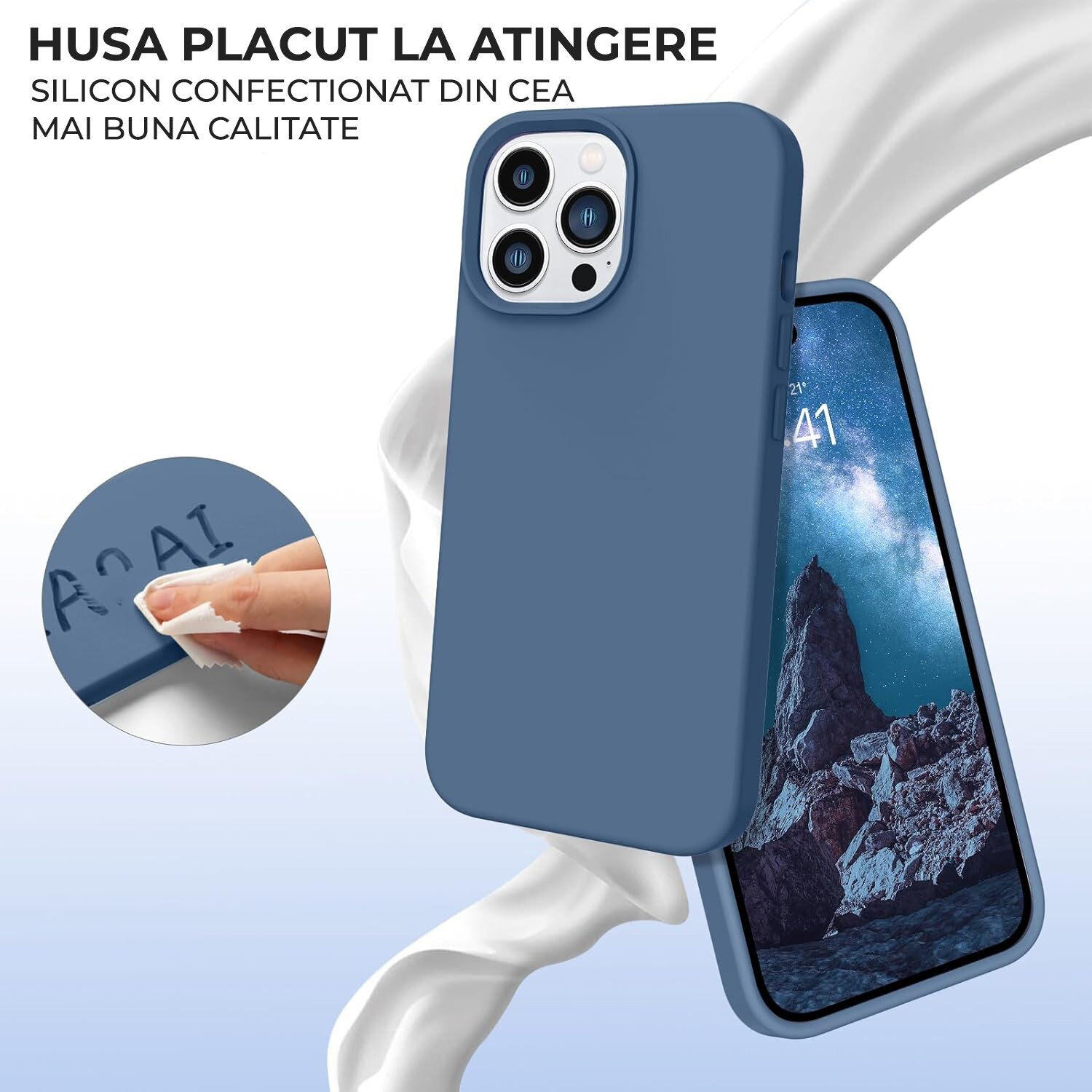 Husa Silicon pentru iPhone 15 Pro Max, Albastru inchis, Ultra Slim, Silicon, Calitate Premium, Interior din microfibra